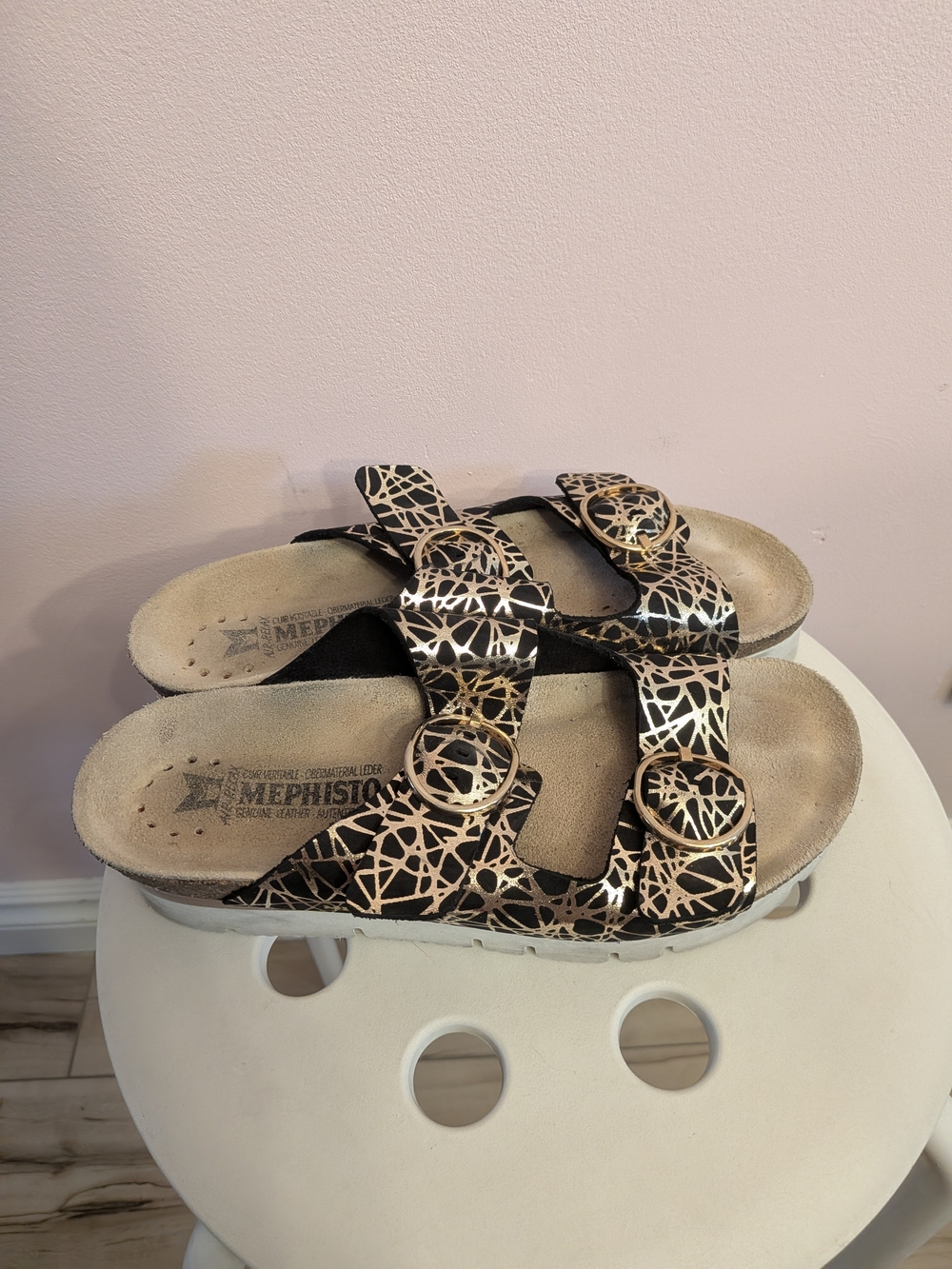 Mephisto Metallic Black & Rose Gold Buckle Sandals